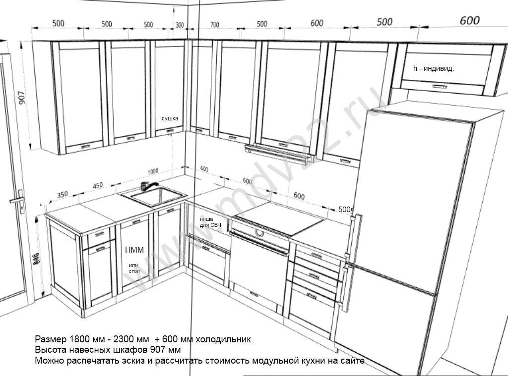 Размеры кухонной мебели стандарт на чертеже