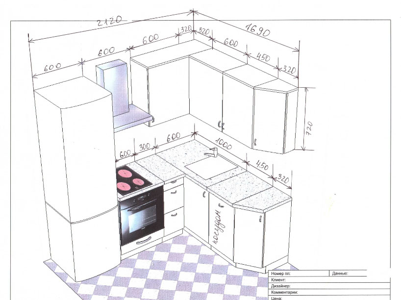 Чертежи маленьких угловых кухонь с размерами
