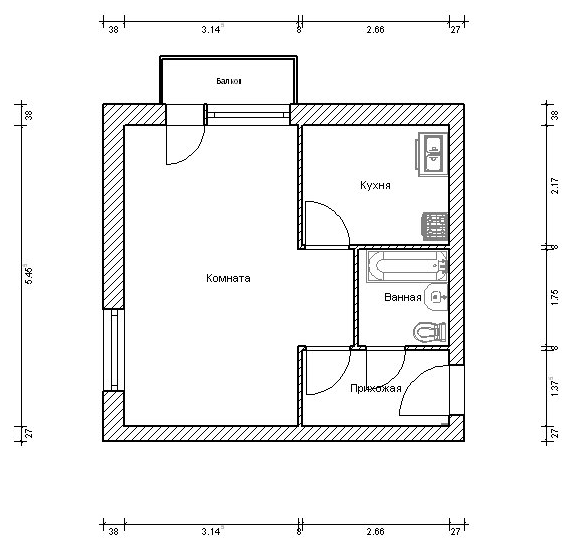 Чертеж однокомнатной квартиры