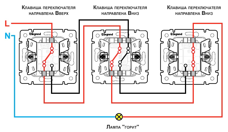 Включение света с трех мест схема подключения