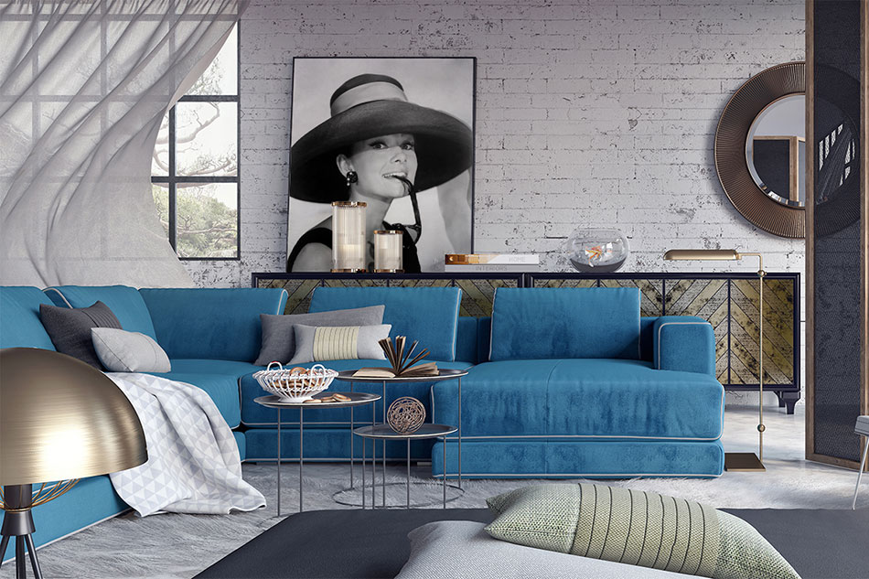 Черно-белый постер с портретом Одри Хепберн в гостиной в стиле лофт с синим диваном