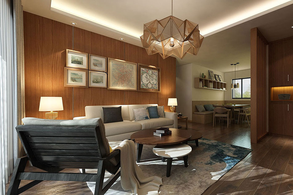 Композиция из гравюр и ретро-карт над диваном в гостиной в стиле лофт с деревянной отделкой