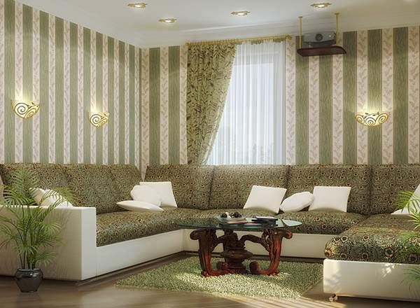 Дизайн гостиной в частном доме в белом и зеленом цветах