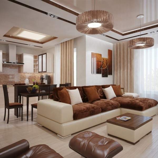 Современный дизайн гостиной в частном доме в белом и коричневом цвете