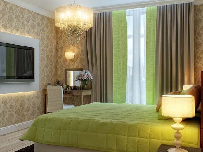 Цвет штор к зеленым обоям в спальне