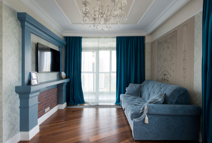 Какие шторы подобрать к голубым обоям в гостиной фото