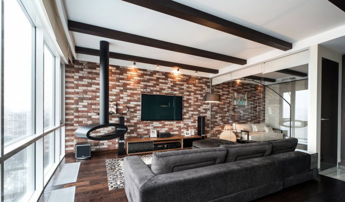 камин и телевизор в интерьере гостиной в современном стиле