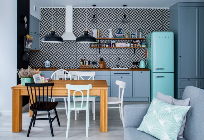 интерьер голубой кухни в нордическом стиле