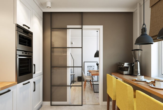 двери в интерьере кухни в нордическом стиле