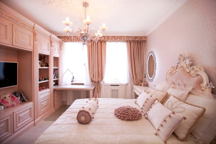 интерьер розовой спальной комнаты для девочки