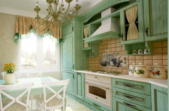 стиль прованс в интерьере зеленой кухни