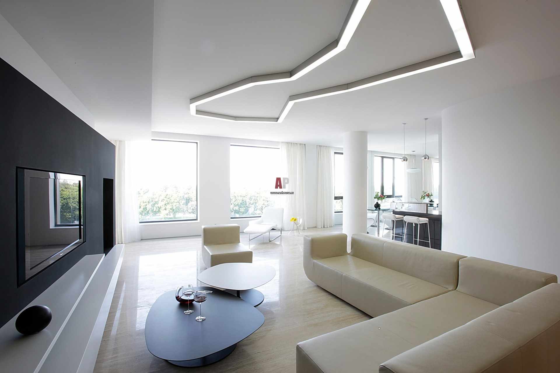 пример использования необычного дизайна гостиной комнаты в стиле минимализм