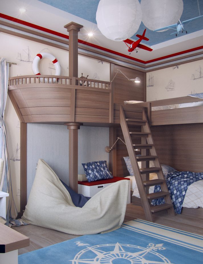 Кровать-корабль в детской для двух мальчиков