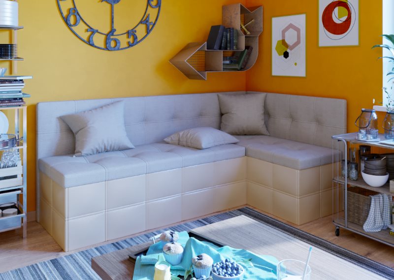 Угловой диванчик бежевого цвета со спальным местом