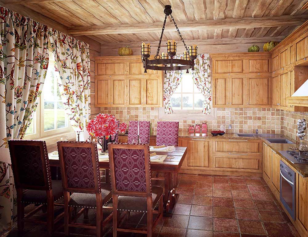 Пестрые занавески в кухне с деревянной мебелью