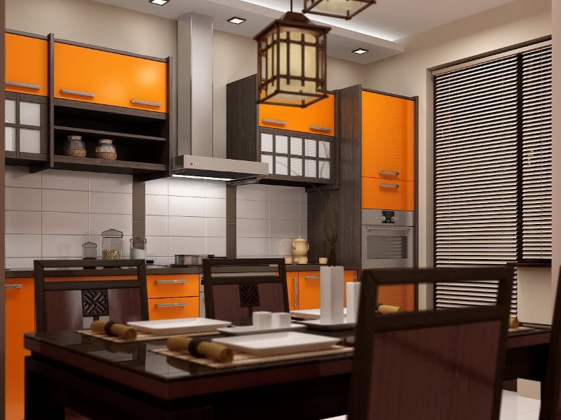 Оранжевые фасады кухни в японском стиле
