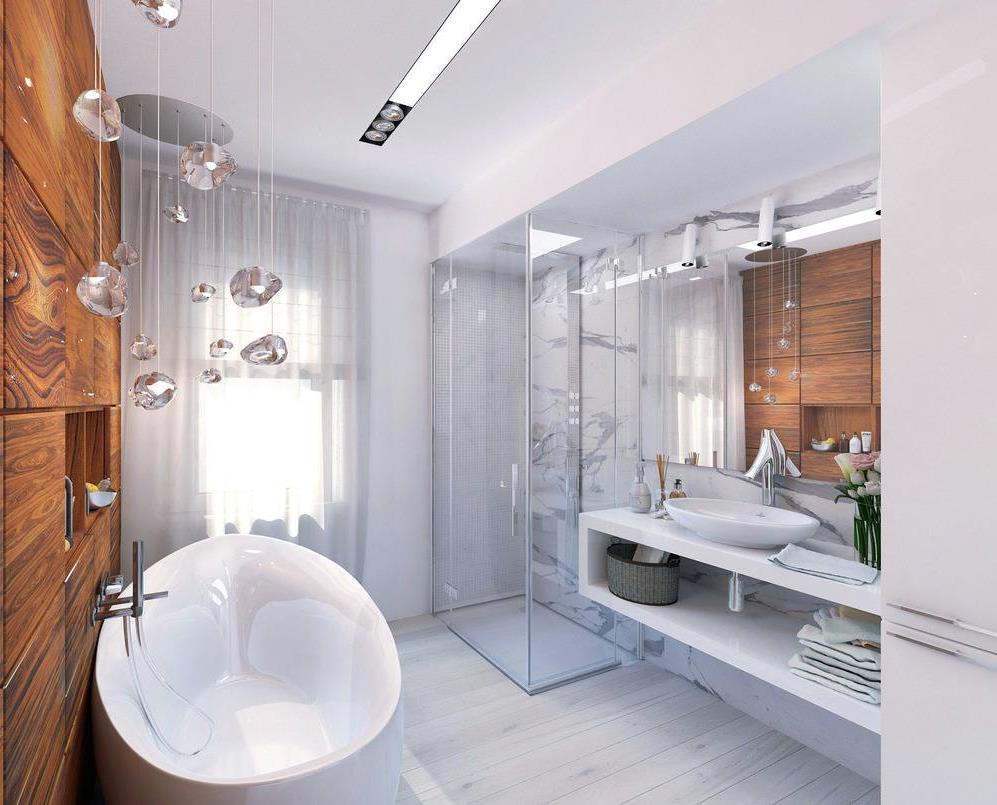 Дизайн ванной комнаты с душевым уголком и ванной