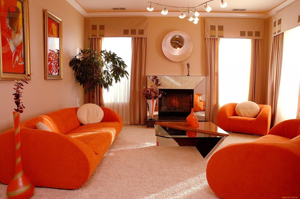 дизайн гостиной 17 кв м в оранжевых тонах