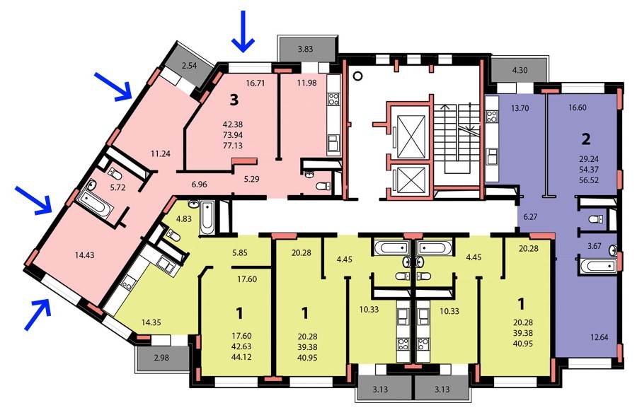 Планировка угловой секции многоквартирного дома