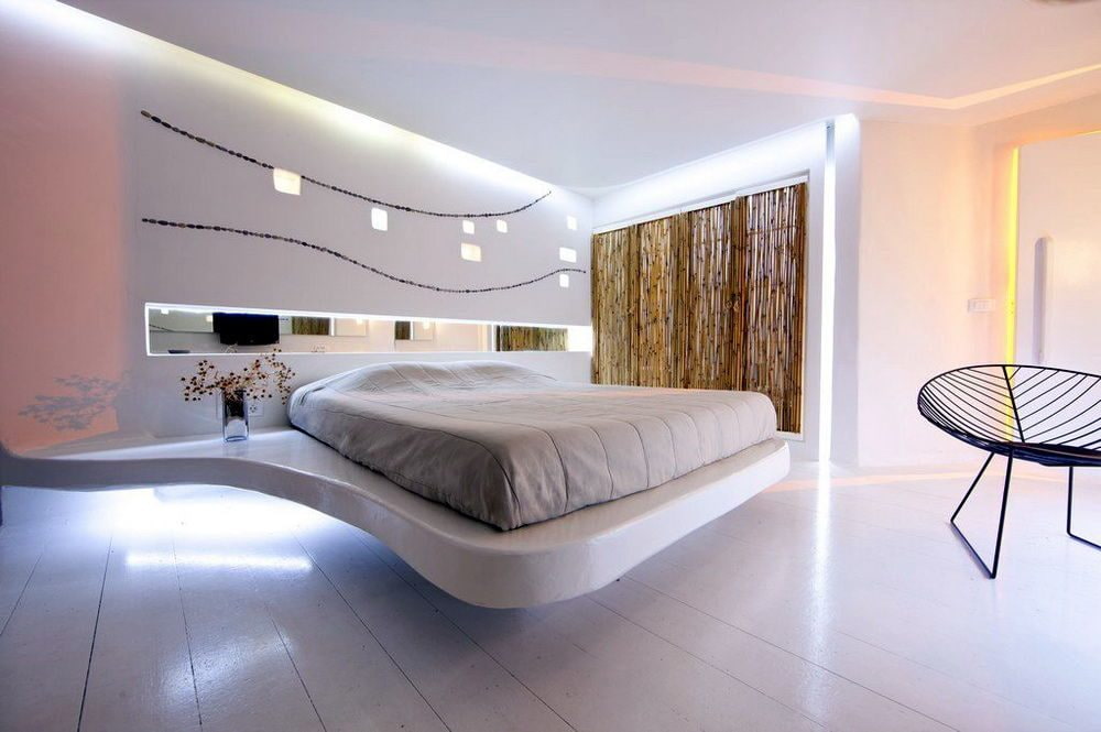 Декор спальни с парящей кроватью в интерьере