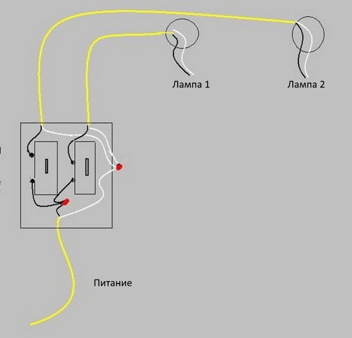 Схема двойного проходного выключателя на две лампочки