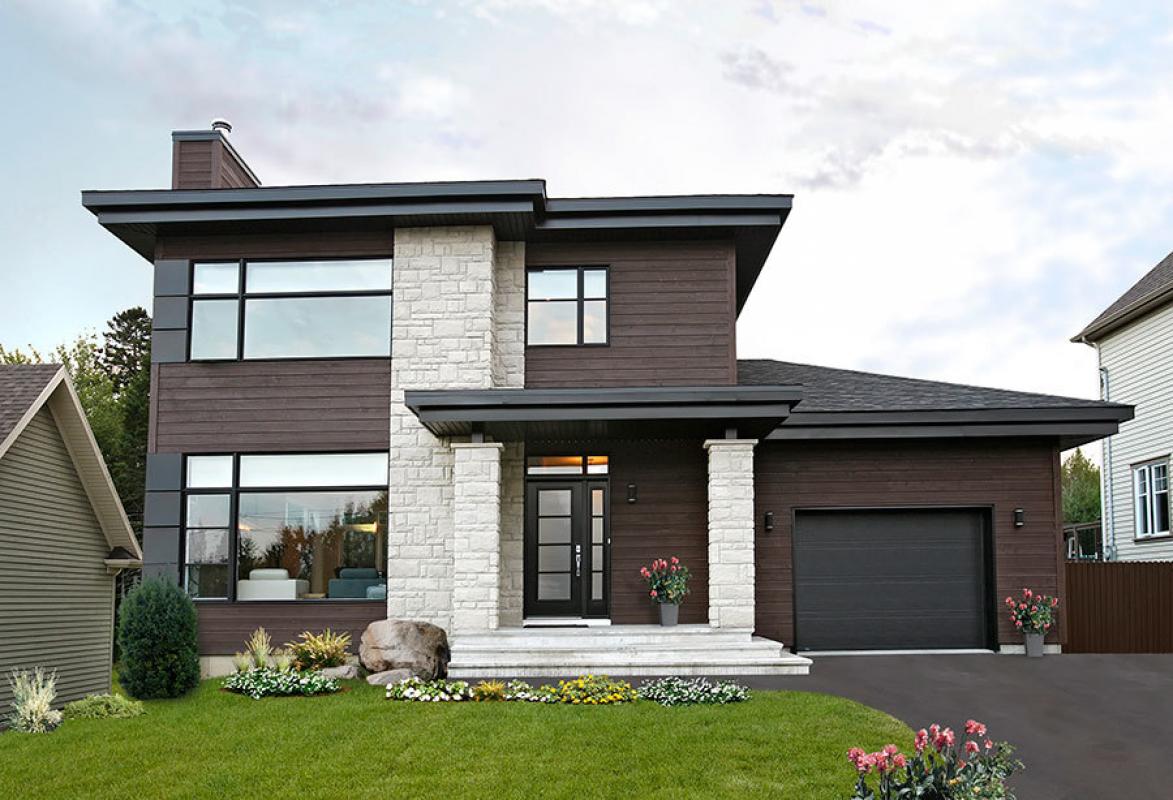 Фасад дома построенный на контрасте темного деревянного сайдинга и белого камня.