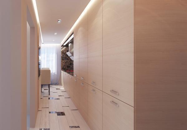 В небольшой однокомнатной квартире кухню в коридоре лучше оформлять в светлых тонах 