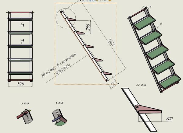На чертежах можно подробно узнать об особенностях конструкции раскладных лестниц для чердака 