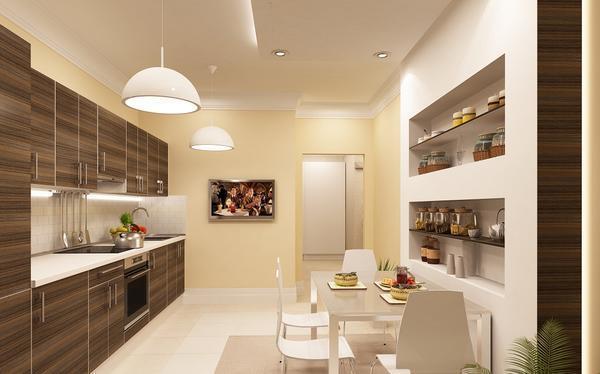 Если коридор большой, то в нем можно разместить не только предметы кухонной мебели для приготовления пищи, но и стол 