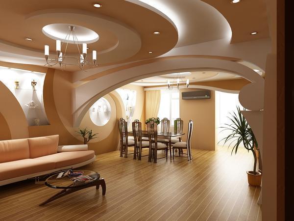 Выбирать необычный потолок следует таким образом, чтобы он гармонично вписывался в интерьер по форме и цвету 