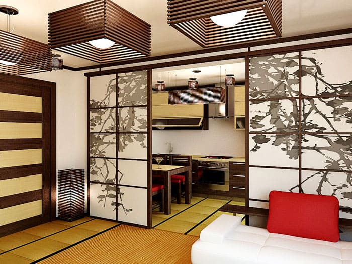 Японскому стилю нужна аналогичная ширма, которая может отделить зону спальни от остальной части дома