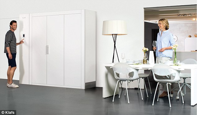 It takes just 21 seconds to grow from the size of a 24 inches-deep (60cm) wardrobe (shown) to a sauna 5.2ft-deep (1.6 metres), meaning it can be easily used at the end of a hard day