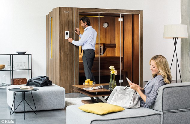 A sauna has been launched that expands at the touch of a button (pictured) and folds back up to the size of a wardrobe in just 21 seconds