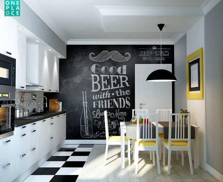 красивый дизайн интерьера кухни с черной грифельной стеной