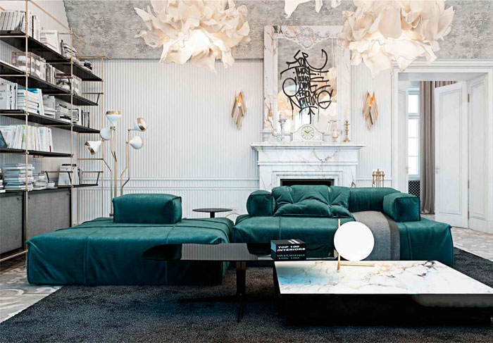 Дизайн интерьера роскошной квартиры: белый камин