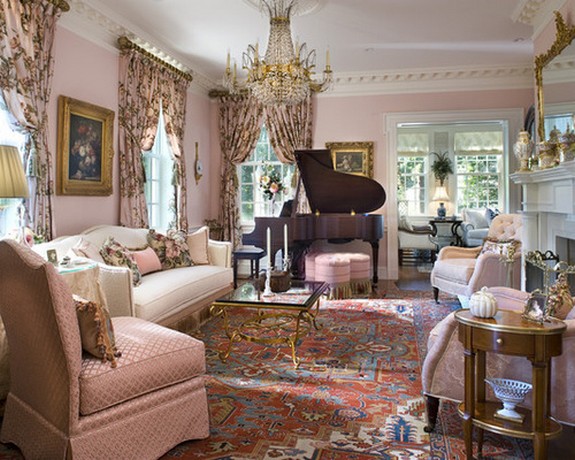 шторы в стиле кантри под розовые стены гостиной