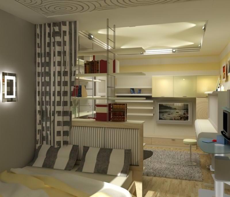 Для экономии пространства, кровать в кухне-спальне можно расположить вдоль стены