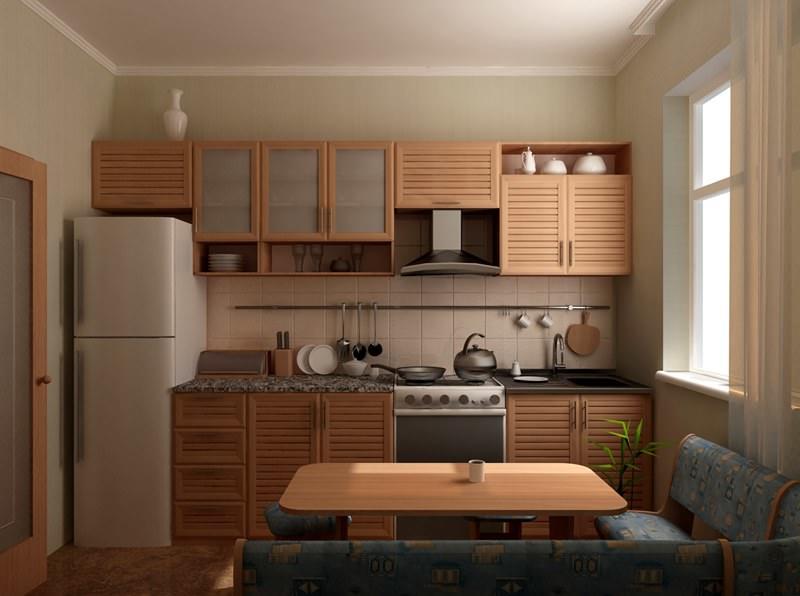 Достаточное количество модулей кухонного гарнитура в одну линию можно расположить в кухне 6 кв м, если она имеет прямоугольную форму