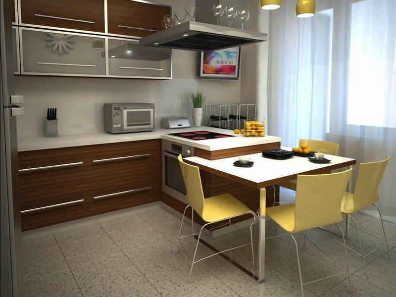 Двухрядное расположение мебели является неординарным решением для кухонь нестандартных форм