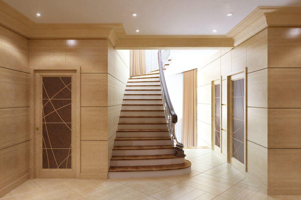 Лестница на второй этаж может быть выполнена в классическом, а также в стиле модерн или прованс