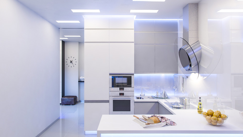 Дизайн бело-серого гарнитура в интерьере функциональной кухни