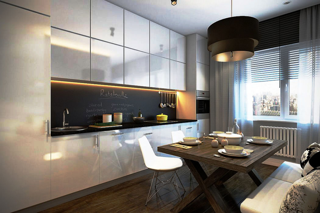 Фото дизайнерской работы, прямой кухни с высокими шкафами до потолка. 