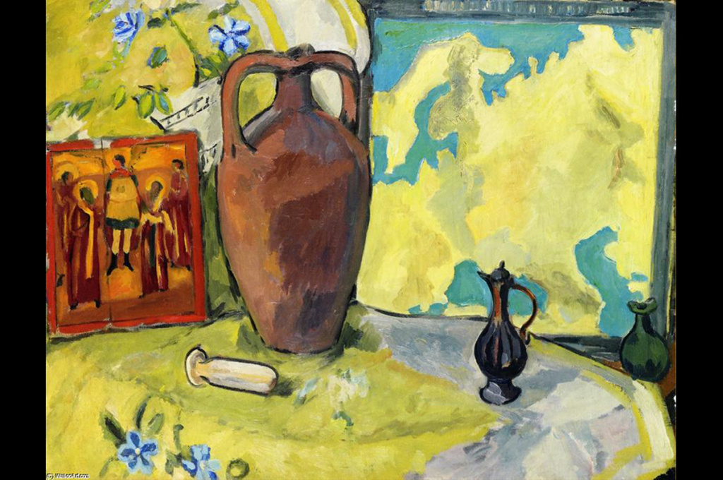 Картина М. Ларионова «Натюрморт с кувшином и иконой». 1910-1912 гг.