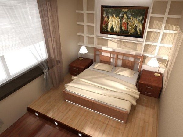 Кровать подиум в маленькой спальне с фронтальной подсветкой