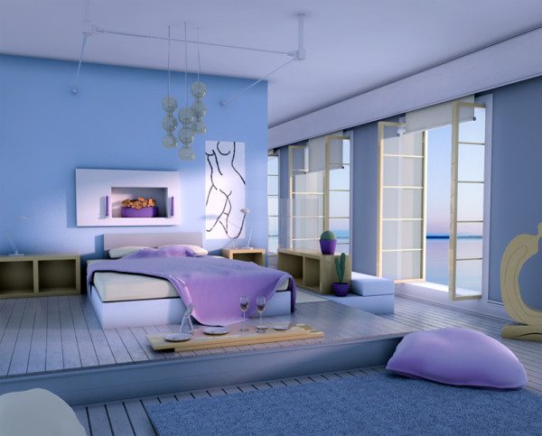 На фото – голубая спальня на подиуме