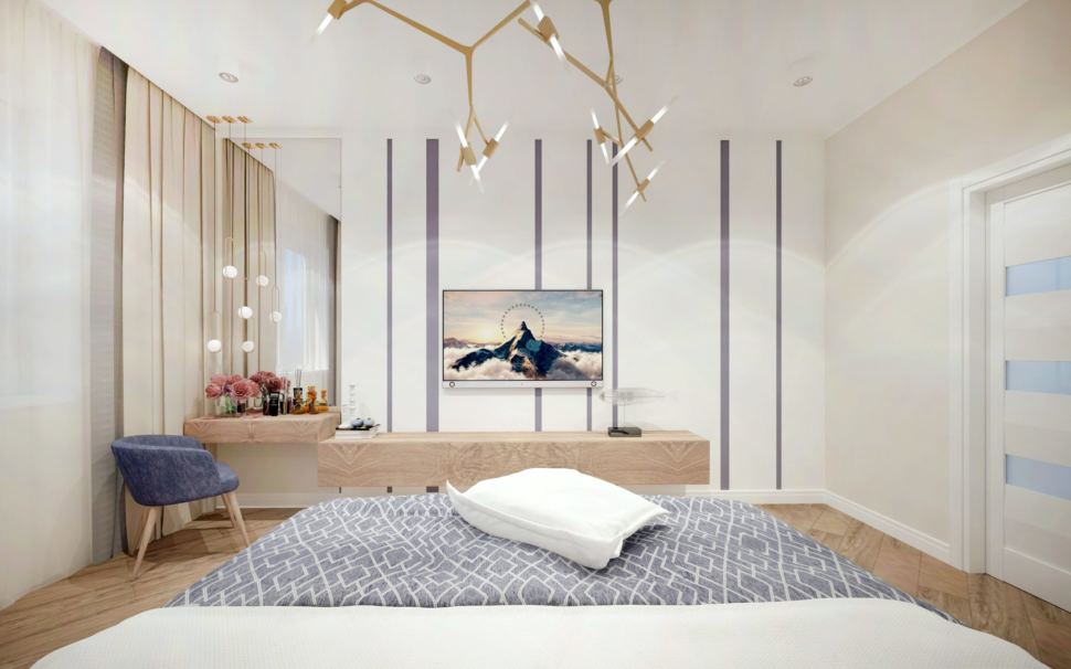 Дизайн-проект спальни 17 кв.м в современном стиле в шоколадных тонах в сочетании со сложно-синим оттенком, голубой стул, телевизор