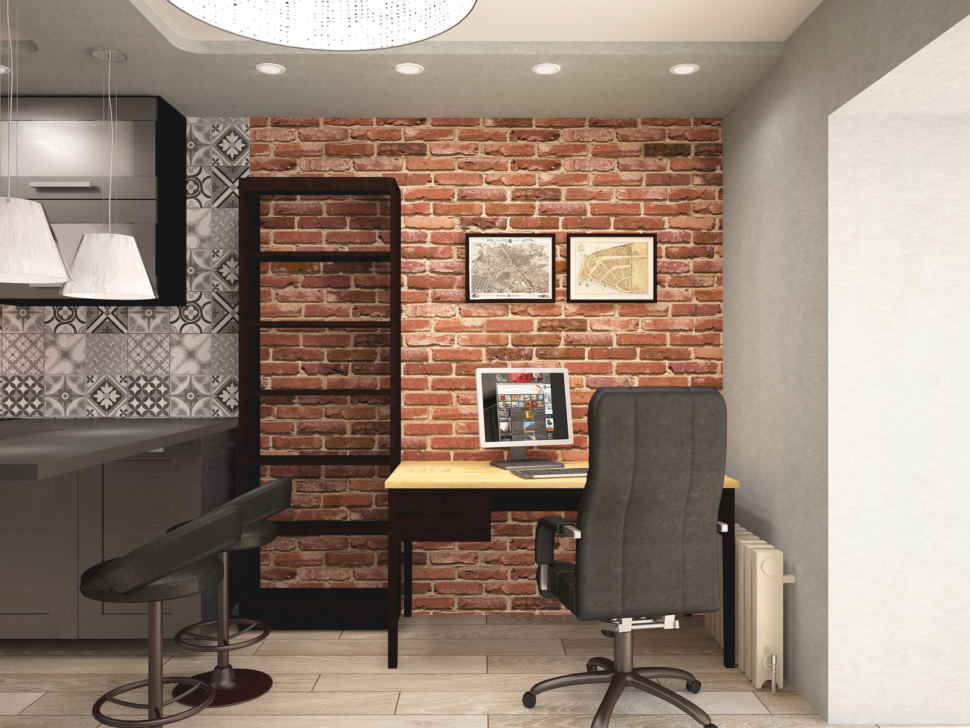 Дизайн интерьера спальни 13 кв.м с рабочей зоной в стиле Лофт с кирпичными оттенками, подвесное кресло, черное кресло, барные стулья