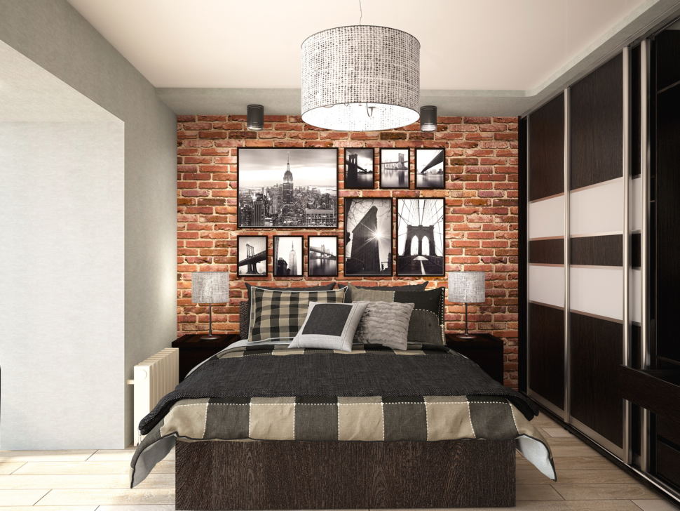 Визуализация спальни 13 кв.м с рабочей зоной в стиле Лофт с древесными оттенками, подвесное кресло, черное кресло