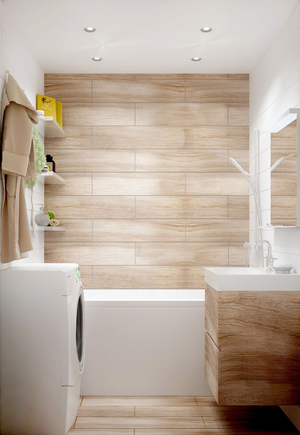 Интерьер ванной комнаты 3 кв.м в древесных тонах, керамическая плитка, ванна, стиральная машинка 