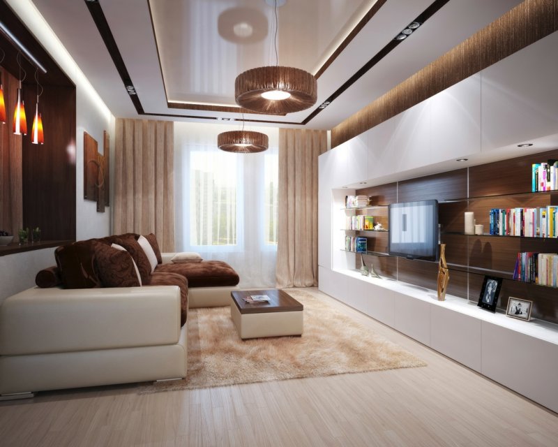 Дизайн гостиной в частном доме в современном стиле со светлым